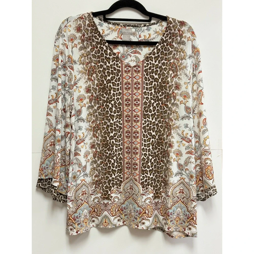 Chico's Tunic Top Womens 3 XL Leopard Paisley Floral 3/4 Sleeve Stretch Boho